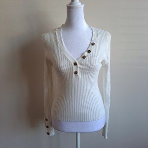 Women's Love Tree Long Sleeves V Neck White Top Sweater Size L